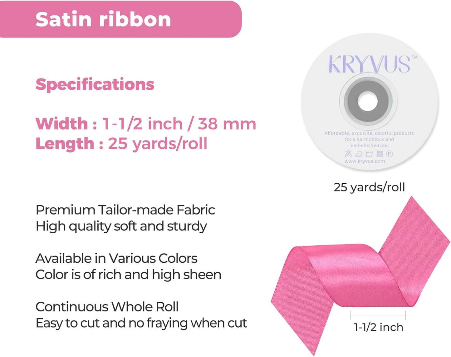 Hot Pink Satin Ribbon 1-1/2 inch X Continuous 25 Yards, Single Face Polyester Ribbon Perfect for Gift Wrapping, Flower Bouquet, Wedding Decor, Crafts, Bow Making, Sewing and More