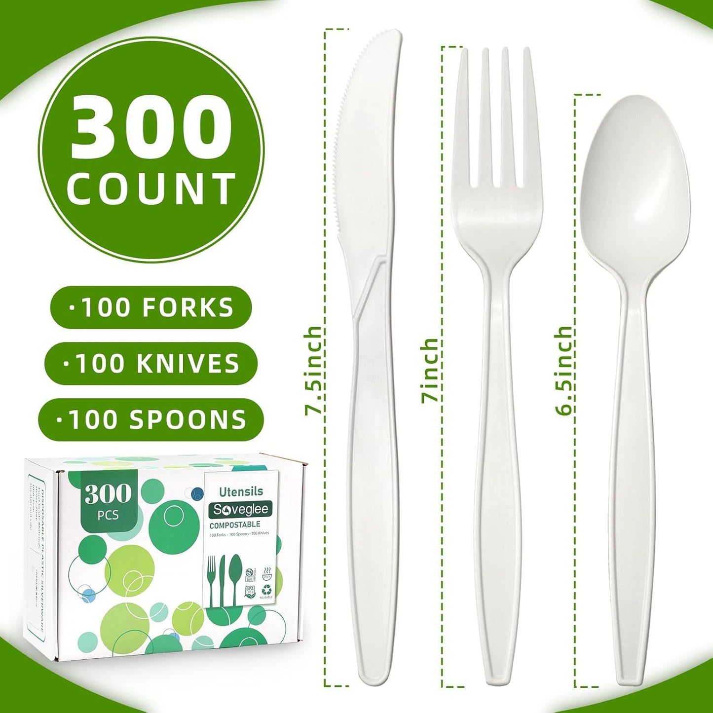 300 Count 100% Compostable Silverware, Ivory White Disposable Silverware, Plastic Forks Spoons Knives Bulk, Compostable Utensils No Plastic Silverware, Compostable Cutlery for Party Office Wedding