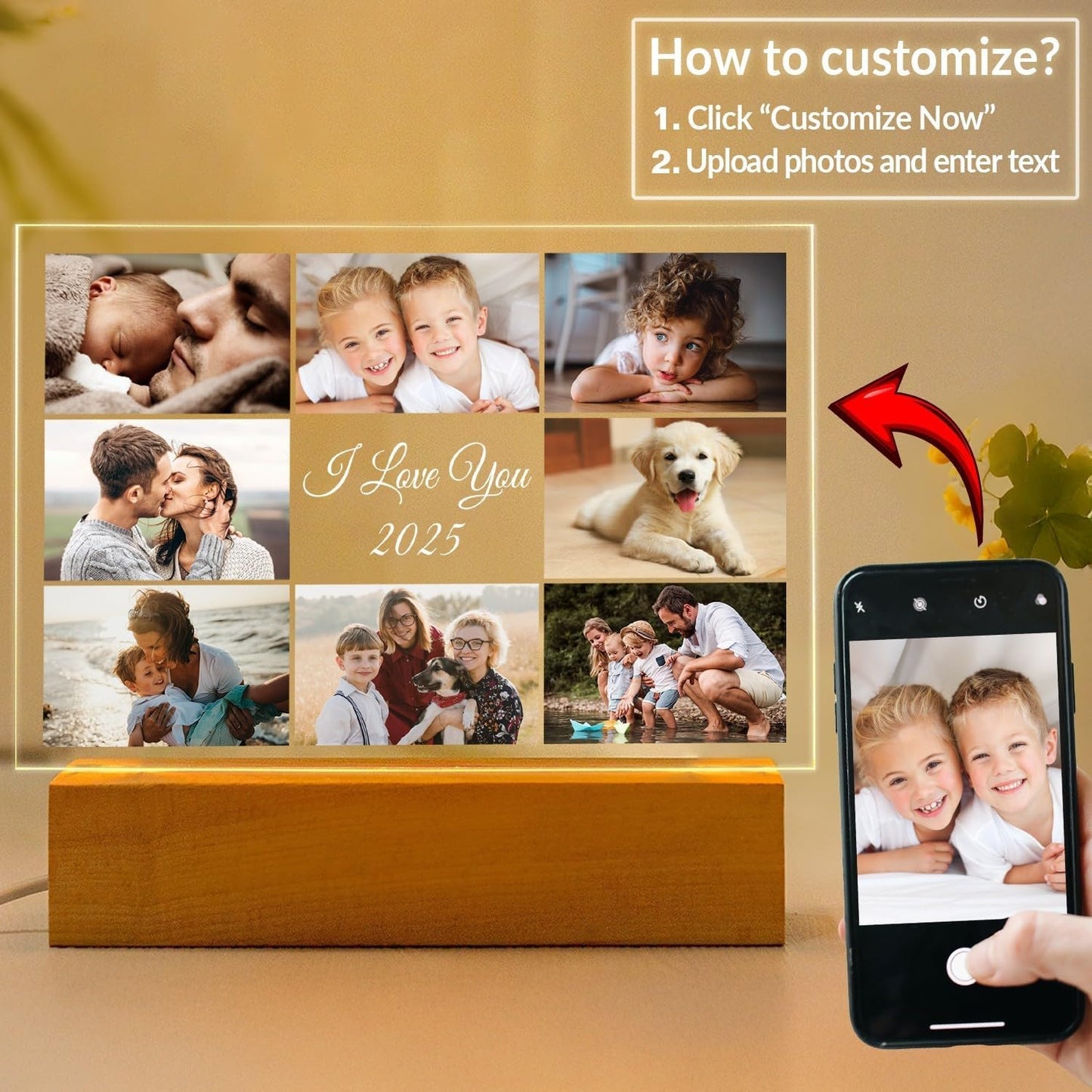 Custom Picture Frames with Photo, Customized Photo Frame with Night Light, Personalized Picture Frame, Personalized Birthday Gifts for Women, Men, Mom, Dad, Baby, Kid, Family, Friend