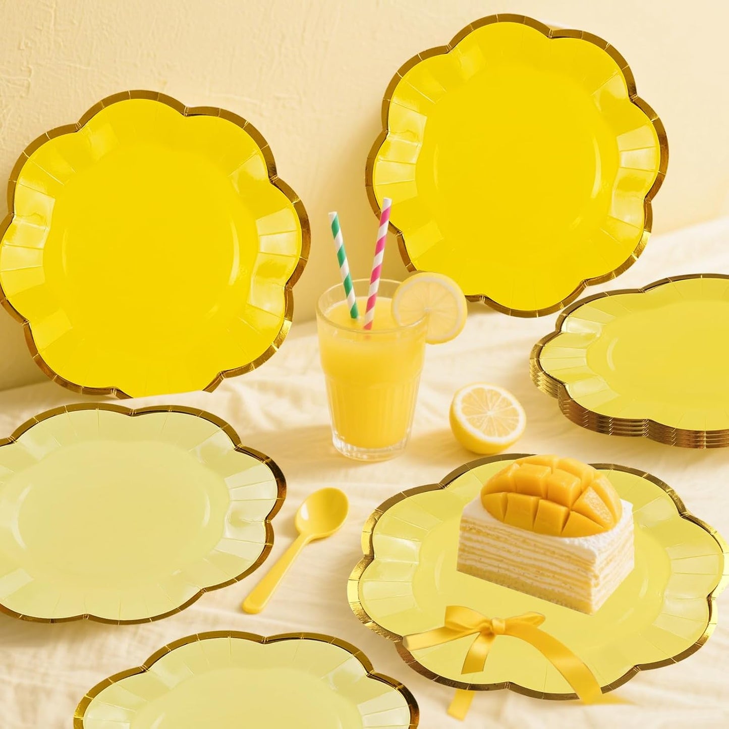 48Pcs Yellow Scalloped Party Plates - 7inch Gold Foil Gradient Yellow Dessert Paper Plate Disposable Cake Plates for Birthday Bridal Baby Shower Wedding Party Decorative Supplies