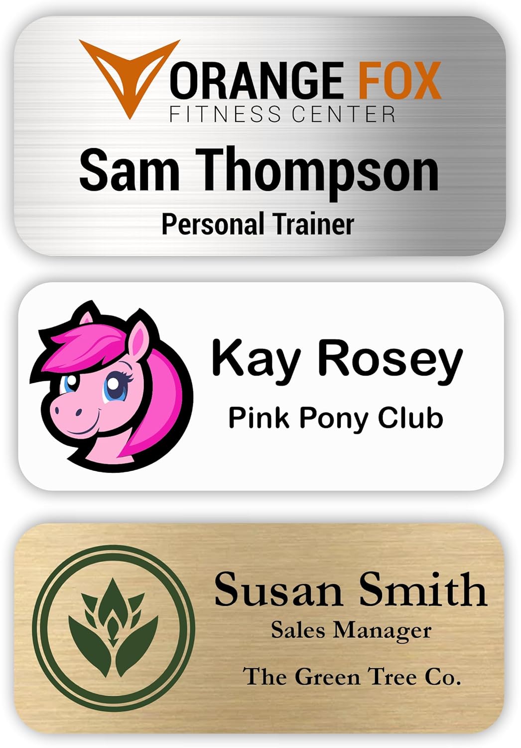 Custom Name Tag with Logo - Personalized Name Badge with Magnet Backing - Choose Your Size and Color (Silver Metal 3"x1.25" - Logo on Left)