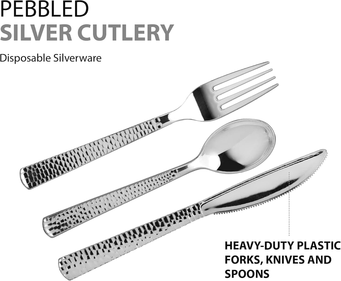 Plastic Cutlery Silverware Extra Heavyweight Disposable Flatware, Full Size Cutlery Combo, Silver Pebbled, 80 Forks, 40 Spoons, 40 Knifes, Value Pack 160 Count