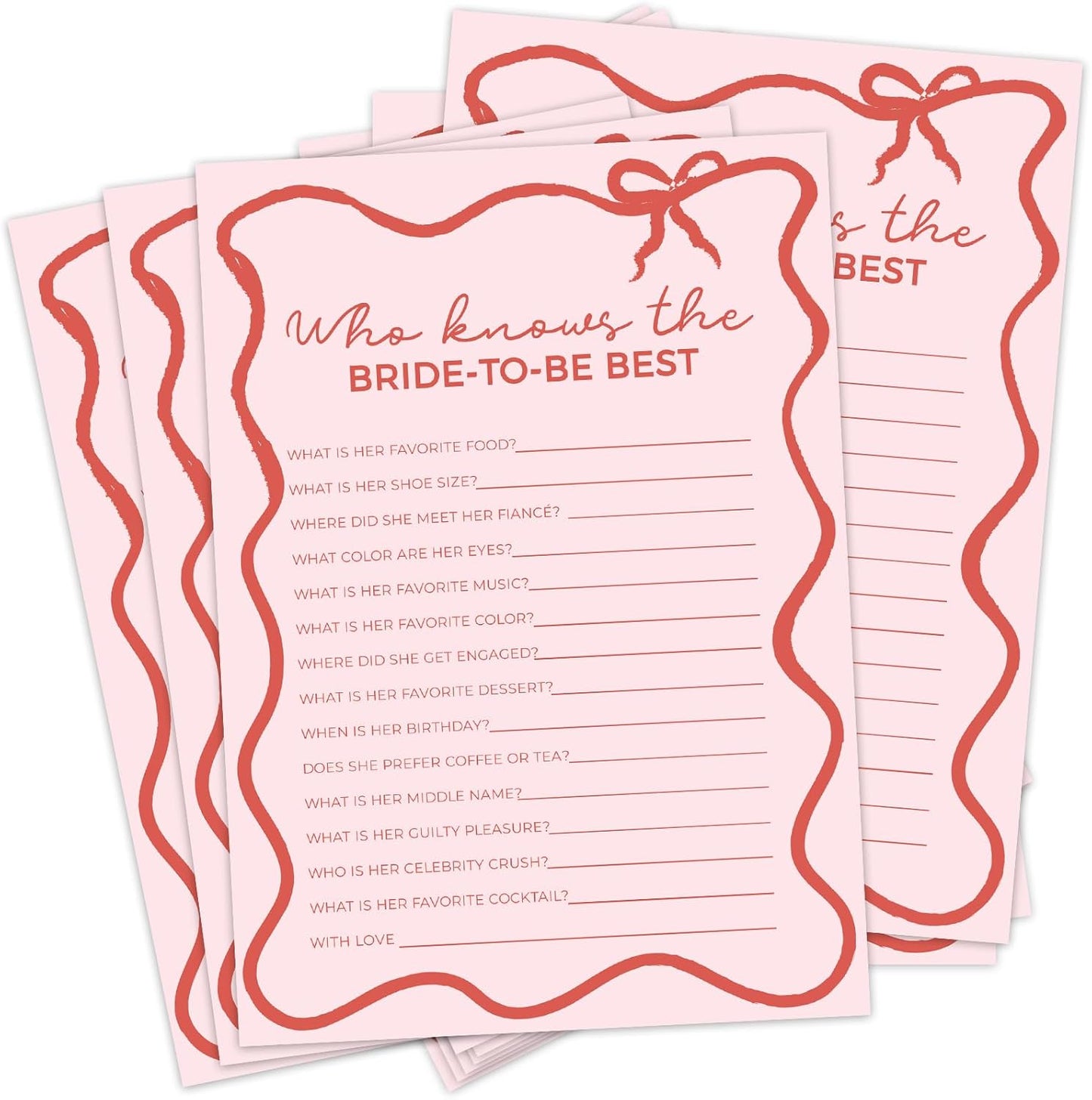 DEEKA 30 PCS Bridal Shower Games Card for 30 Guests Pink Wavy Border Ribbon Bow Funny Wedding Bachelorette Party Games for Reception (Who Knows The Bride-to-be Best)