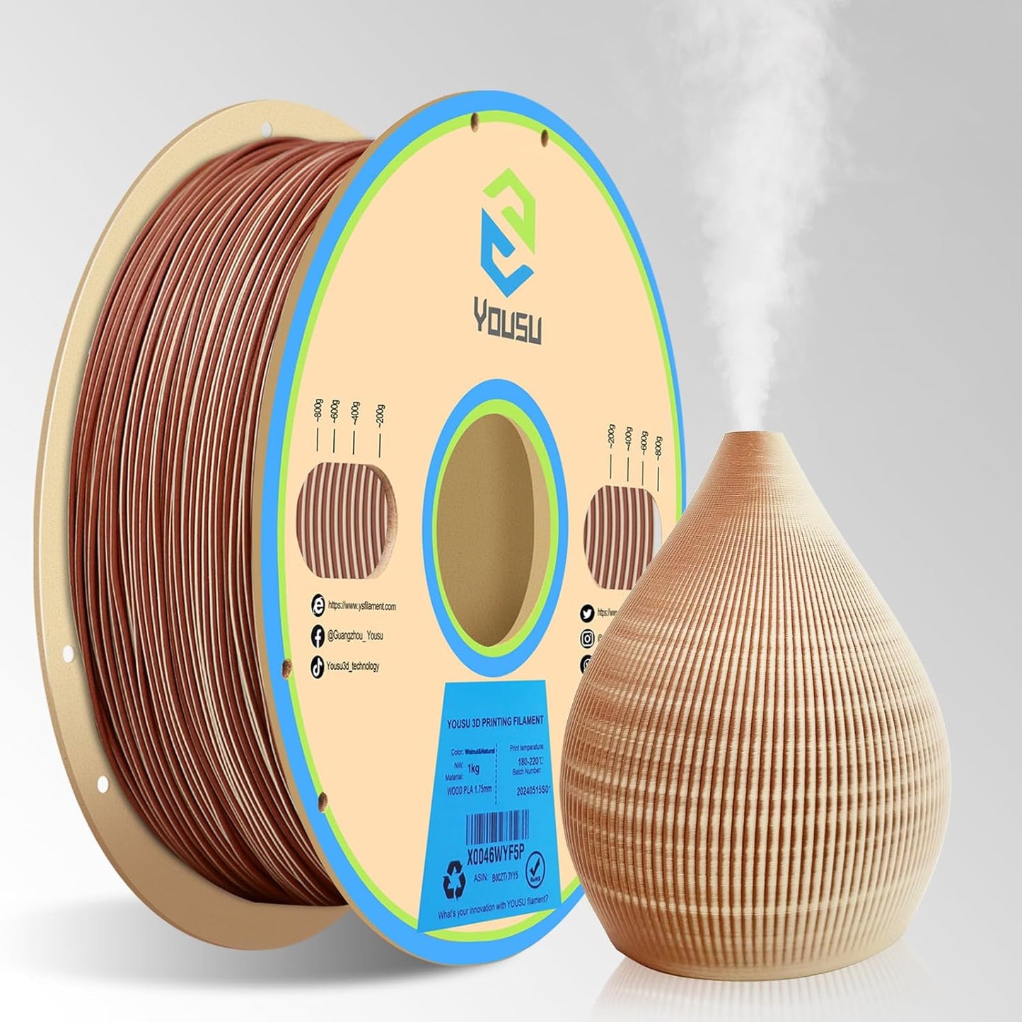 YOUSU Wood PLA Filament 1.75mm 1KG,Multicolor 3D Printer Filament,Real Wood Fibers Added 3D Printing Filament,Fits for Most FDM 3D Printers,Maple