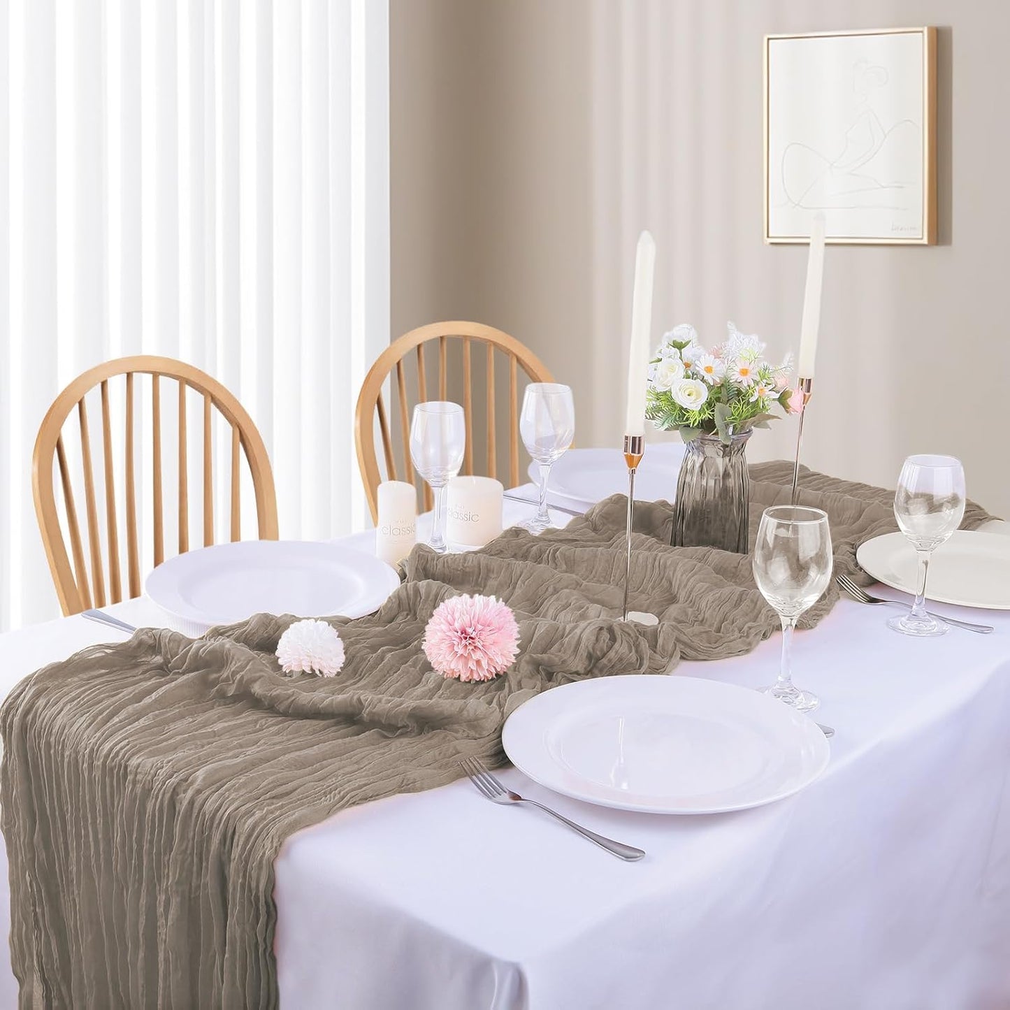 16PCS Nude Cheesecloth Table Runner 10FT Table Runner Cheesecloth 35x120Inch Boho Gauze Cheese Cloth Table Runner Long Rustic Sheer Table Runners for Wedding Party Baby Bridal Shower Table Decor