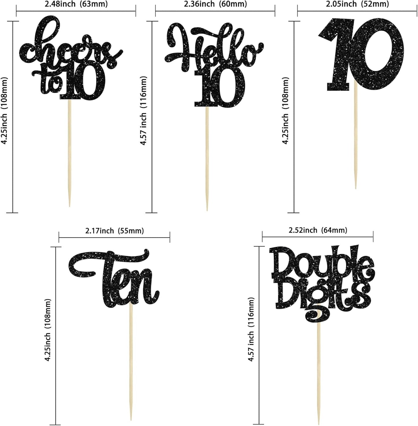 30Pcs 10th Birthday Cupcake Toppers Ten Double Hello 10 Cupcake Picks Cheers to 10 Years Old Cake Decorations for 10th Birthday Party Supplies Black Glitter