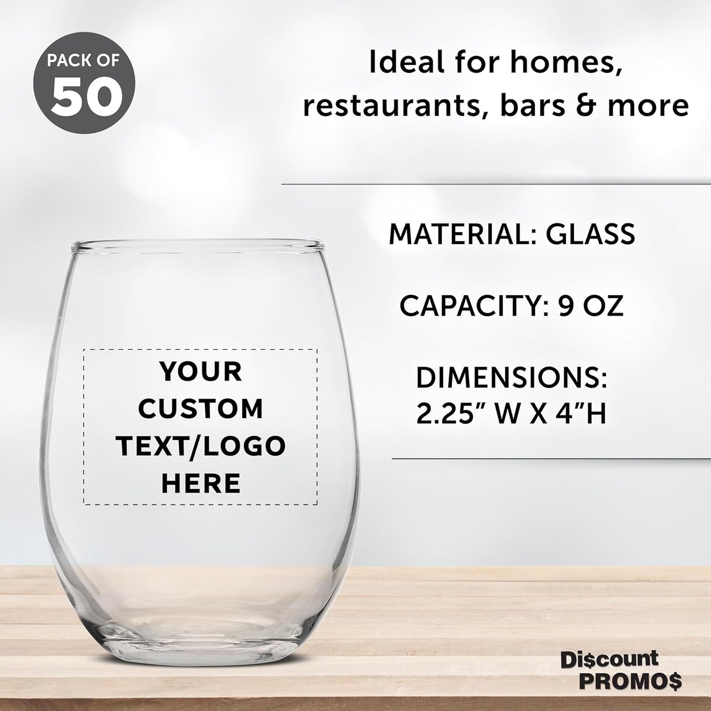 Custom Stemless Wine Glass 9 oz. Set of 50, Personalized Bulk Pack - Great for Wedding Favors, Bachelorette Party Decorations, Party Favors, Color Bottom - Clear