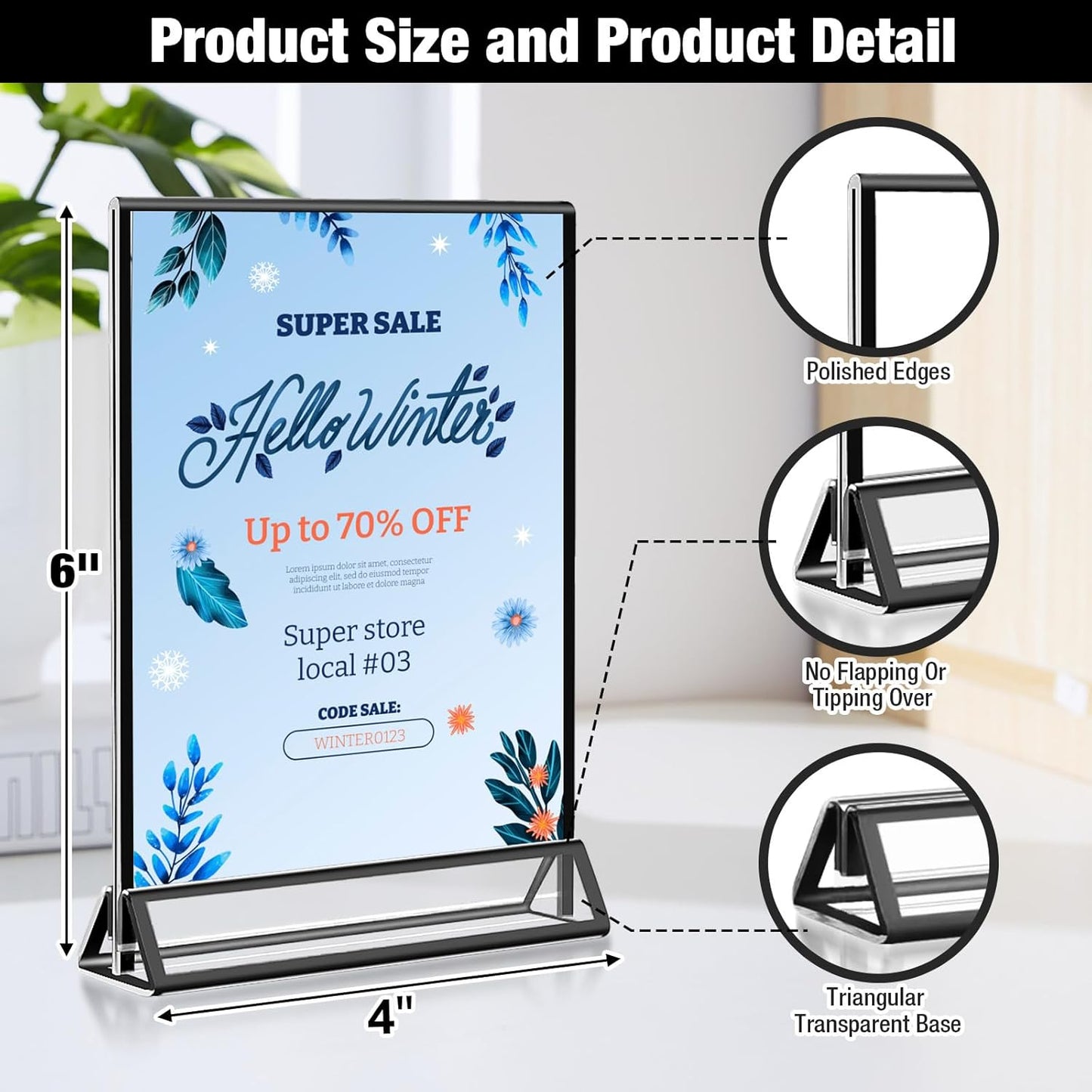 Acrylic Black Sign Holders 4x6, 12 Pack Wedding Black Table Number Holders, Double Sided Photo Display Picture Frame Paper Stand, Clear Flyer Stand Menu Holder for Wedding, Home, Party, Restaurant
