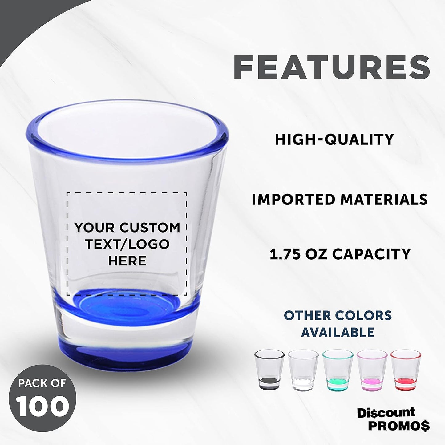 Custom Shot Glasses 1.75 oz. Set of 100, Personalized Bulk Pack - Great for Wedding Favors, Bachelorette Party Decorations, Party Fovors, Color Bottom - Blue