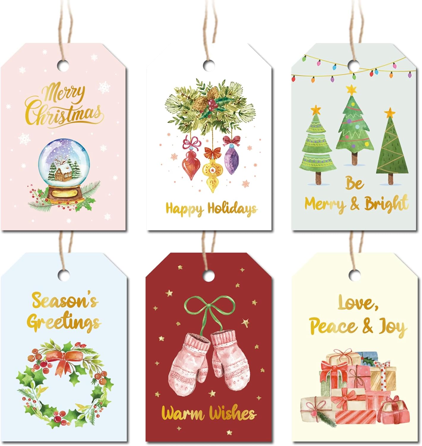 96 Pcs Christmas Gift Tags, Watercolor Christmas Hanging Tags Label Gold Foil with Hemp Rope Xmas Present Tag for DIY Xmas Holiday Present Wrapping Decorations, 6 Styles