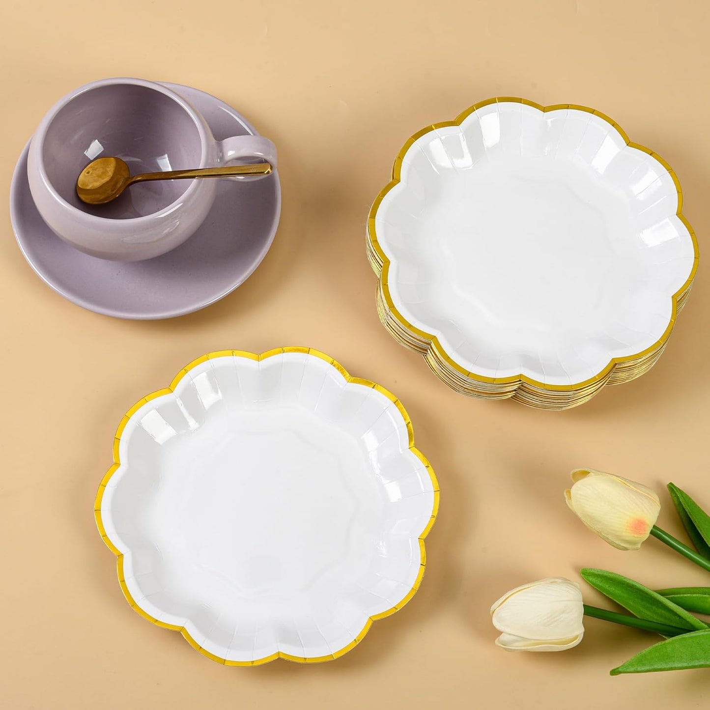 White Golden Party Plates Gold Foil Dessert Paper Plate 7inch Scalloped Edge Disposable Cake Plates for Tea Party Birthday Bridal Baby Shower Wedding Party Supplies (48, White)