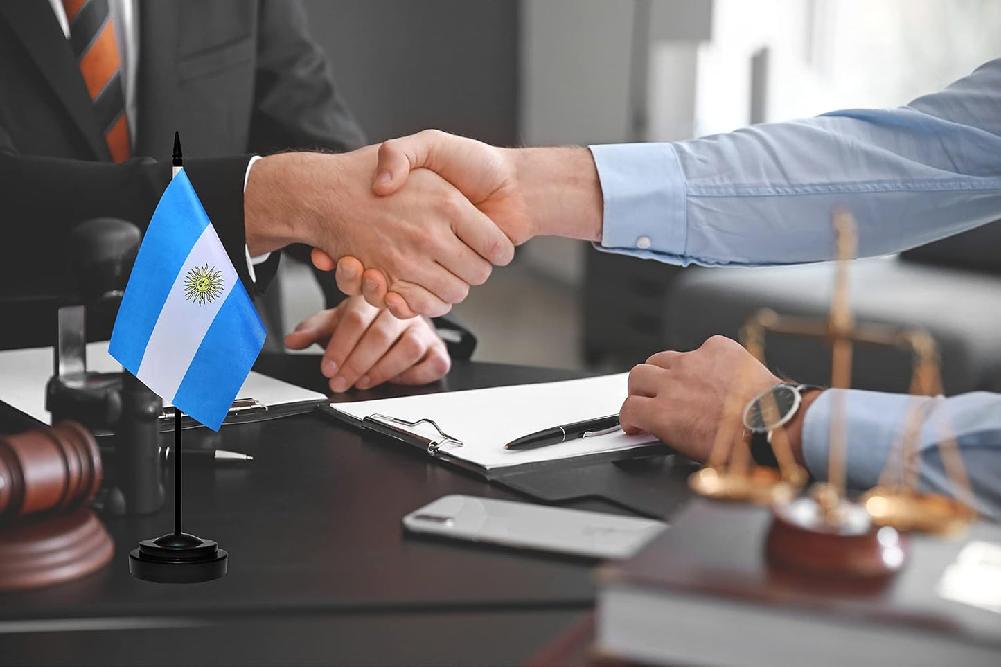 Argentina Argentine Deluxe Desk Flag Set Small Mini Miniature Argentina Argentine Table Desktop Flags With Solid Pole, Black Base and Spear Top(2 Pack)