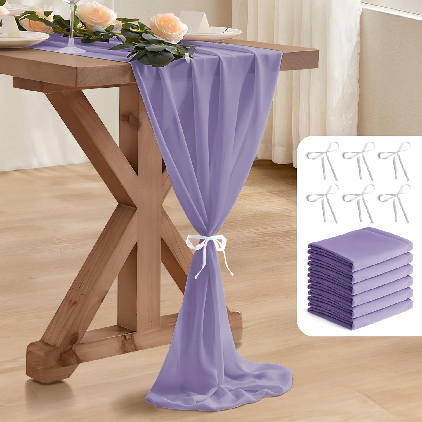 2 Pack 10 Ft Chiffon Table Runner Light Purple Gauze Long Table Runners 27x120 Inches Sheer Tulle Table Runner for Rustic Wedding Reception Bridal Shower Decorations Birthday Party
