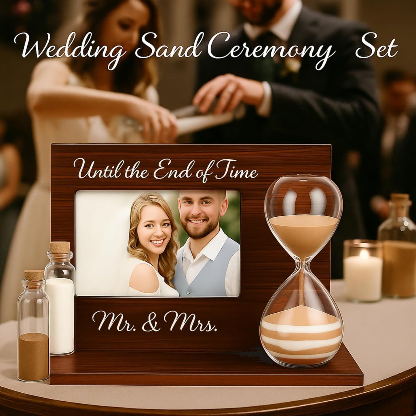 Blosssound Wedding Sand Ceremony Set Wooden Photo Frame, Hourglass Funnel, Sand, Glass Bottles, Mr and Mrs Until The End of Time Unity Kit for Weddings Ceremony Party Supplies(Walnut)