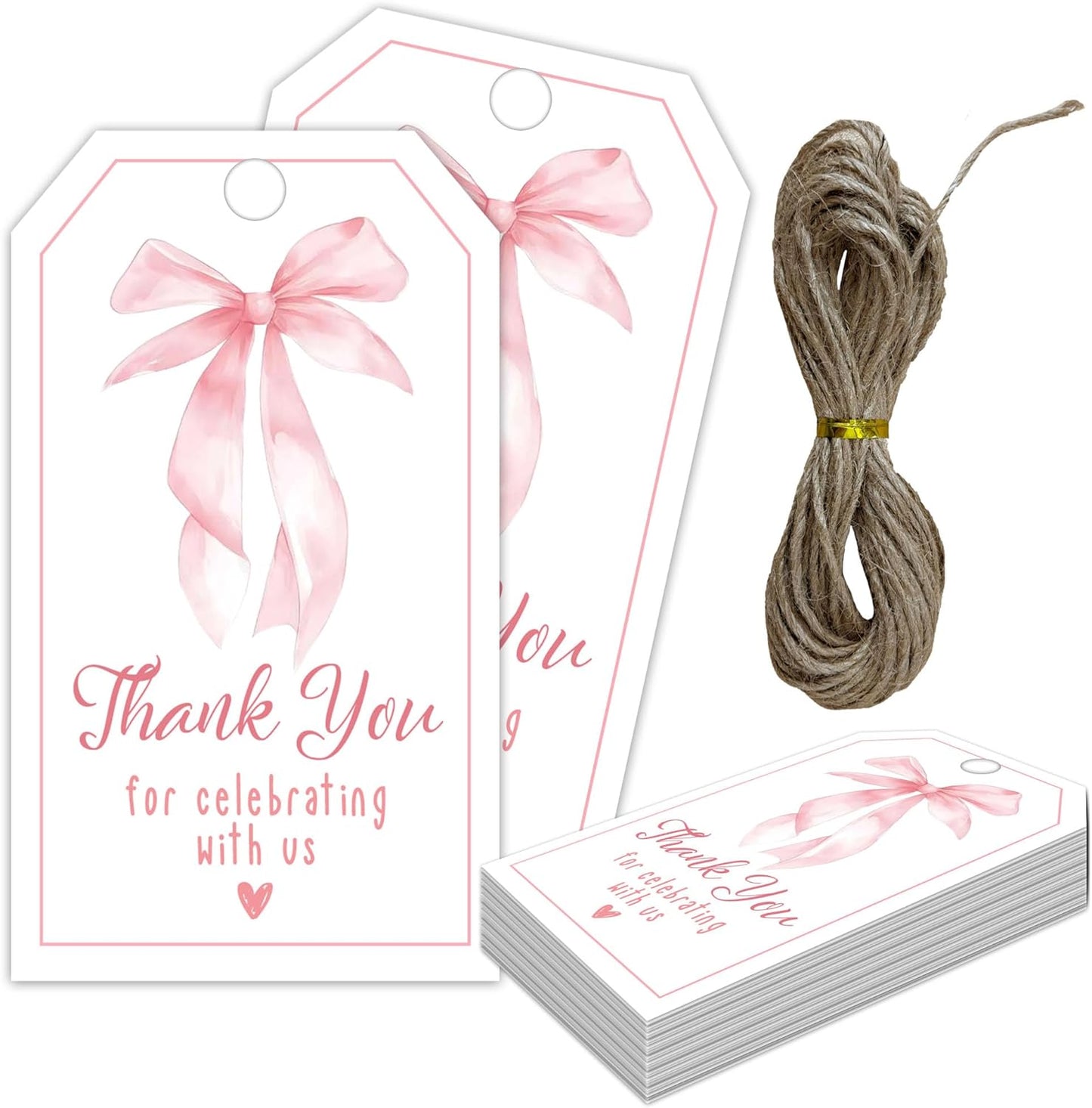 Thank You Label with String, 2x3.5 Inch Pink Bow Gift Tags, Thank You for Celebrating with Us Tag, Paper Personalized Design Gift Label for Wrapping Party Favor-A11
