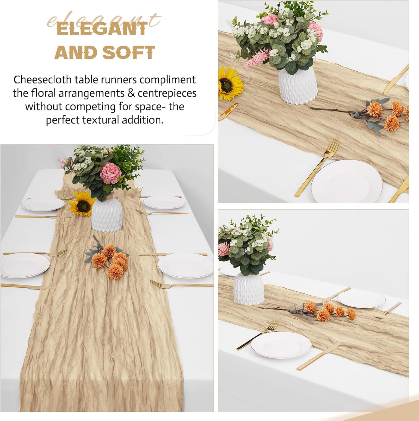 Aktor 4 Pack Beige Table Runner Boho Cheesecloth Table Runner Semi Sheer Gauze Fabric Runners for Wedding Birthday Baby Shower Party Boho Table Decoration（Beige）