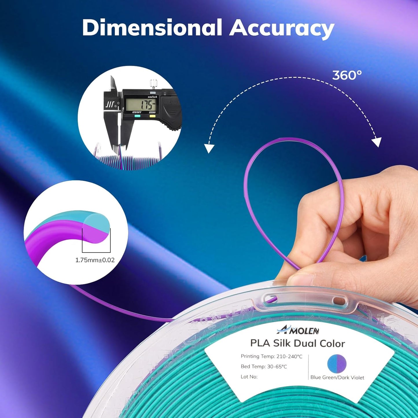 AMOLEN Silk PLA 3D Printer Filament, Dual Color Blue Green & Dark Violet PLA 1.75mm, Shiny Color Change Filament 3D Printing PLA Filament for Most FDM 3D Printer, 1kg Spool(2.2lbs)