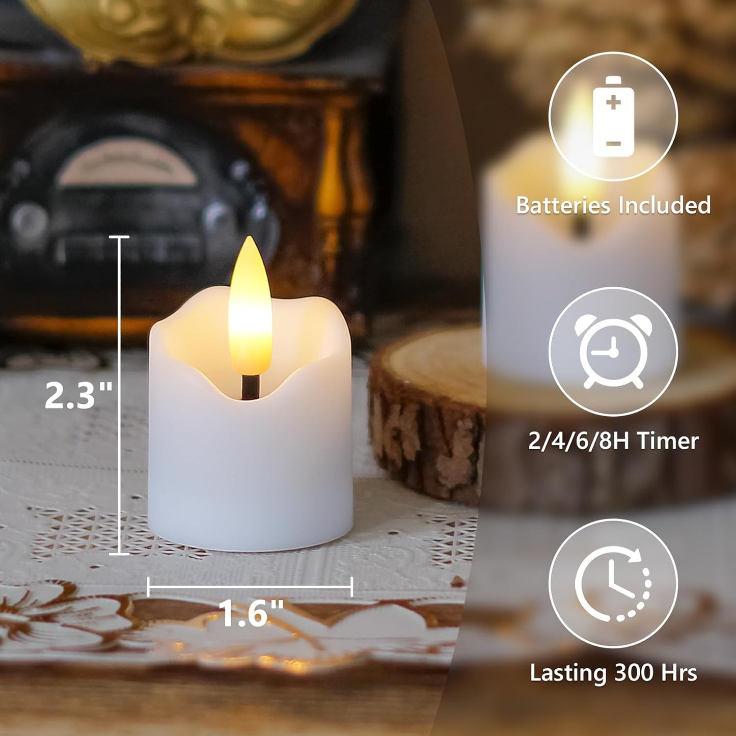 6 Pack Battery Operated Auto Daily Timer White Plastic LED Flameless Votive Candles, Long Runtime 1.6" x2.3" Flickering Tealight Candles with Remote Control