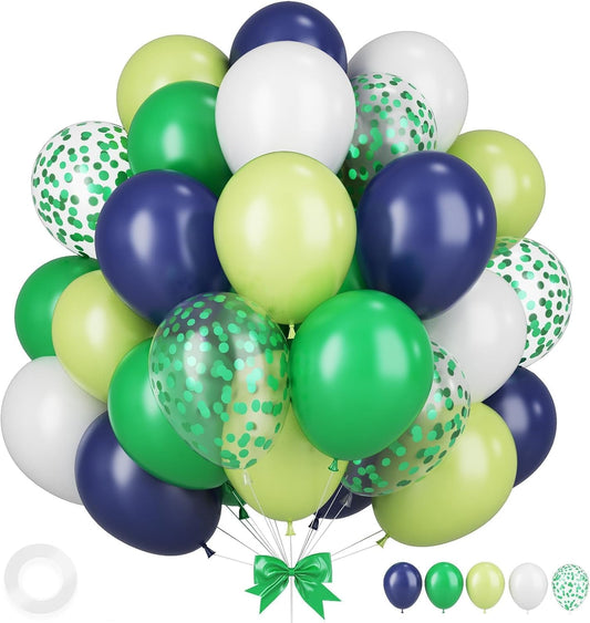 Navy Blue Green Balloons, 12 Inchs White Dark Green Confetti Balloons for Boys Kids Dinosaur Birthday Safari Jungle Theme Golf Party Baby Shower Wedding Grauation Decorations