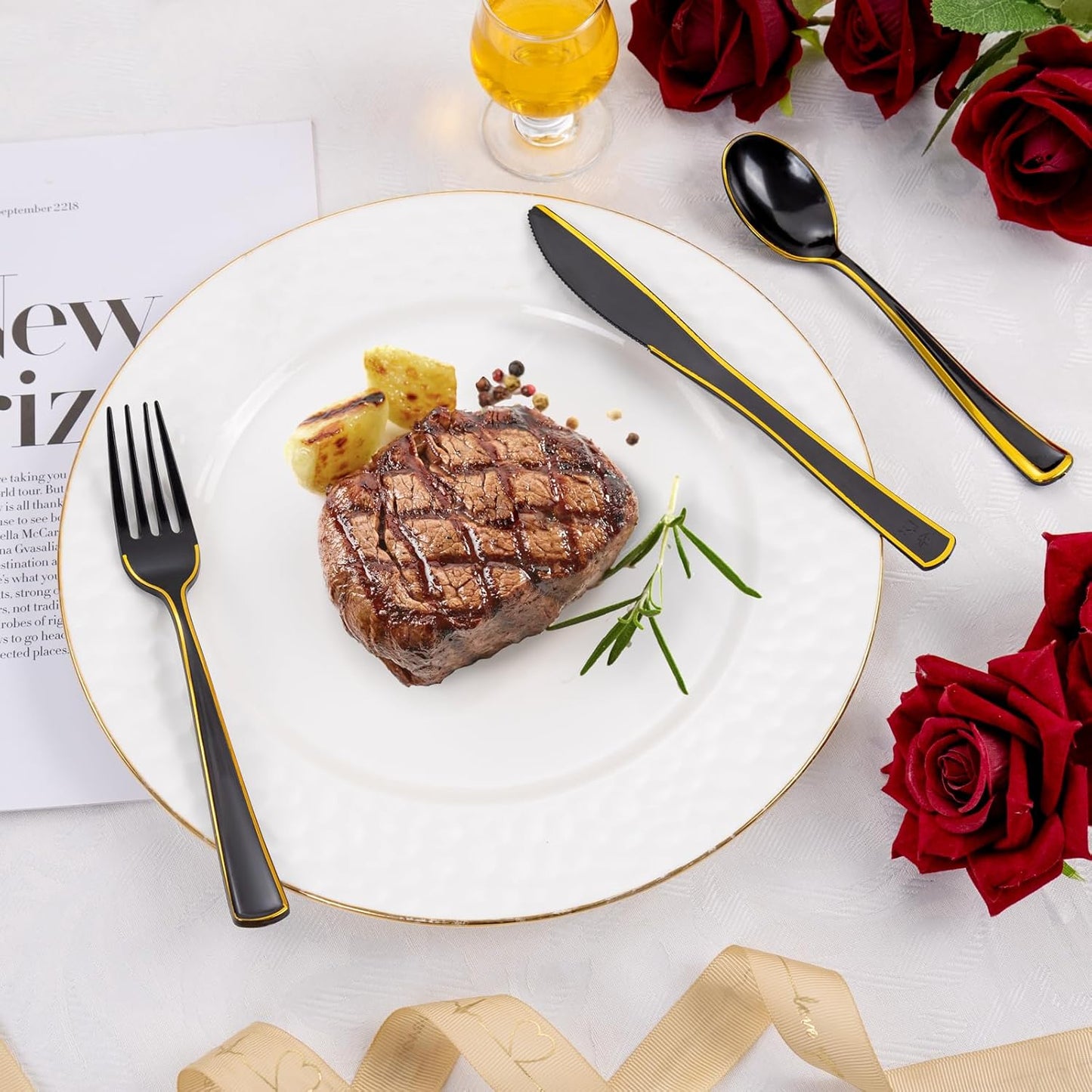 WDF 180 Pieces Black and Gold Plastic Silverware -Halloween Black Plastic Cutlery Incluede 60 Forks 60 Knives 60 Spoons Heavy Duty Disposable Flatware - Gold Utensils for Halloween/Party/Daily Use