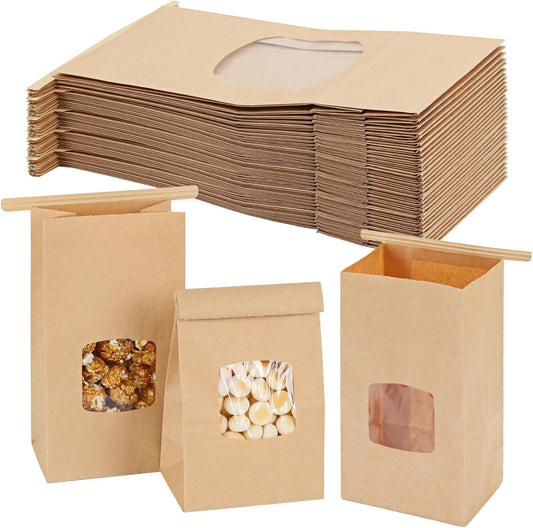 Moretoes 100pcs Small Bakery Cookie Bags with Window, Brown Kraft Paper Bags for Homemade Bread Cookie, 3.5x2.2x6.7in Tin Tie Tab