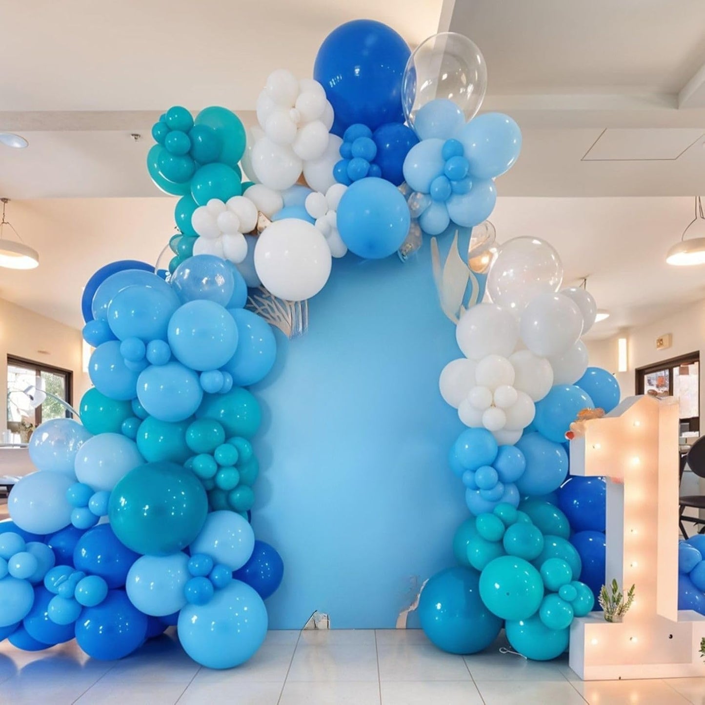 Ocean Balloons, 12 Inch Dark Light Blue Teal Clear Pearl Transparent Metallic Latex Balloons for Boys Girls Ocean Themed Party Decorations Sea Theme Pool Party Baby Shower Beach Backdrop Supplies