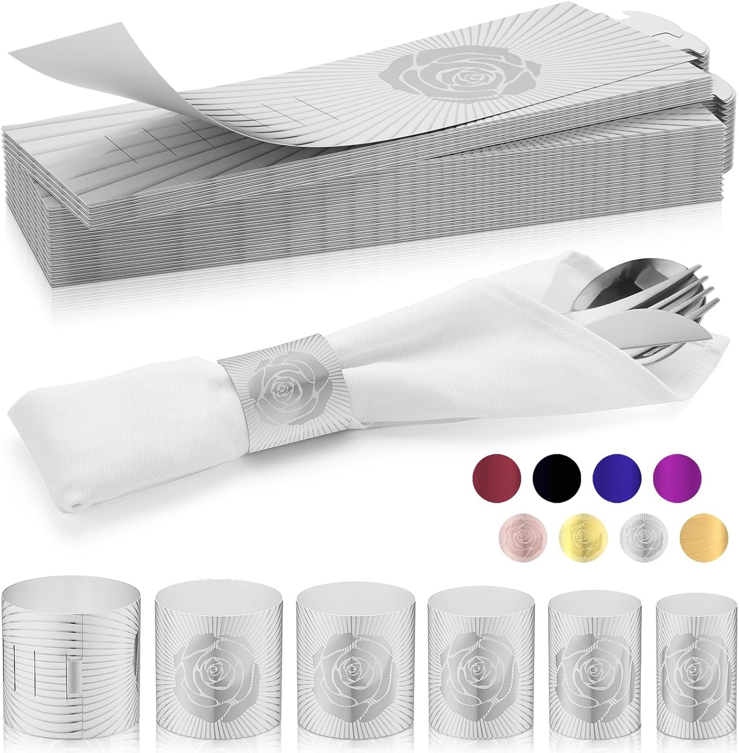 Polymer Material Reusable Napkin Band, Glue-Free Tear-Proof Water Resistant Oil-Proof Napkin Bands Set of 200(Front Silver Rose and Back Silver Color), 6 Adjustable Sizes Napkin Rings