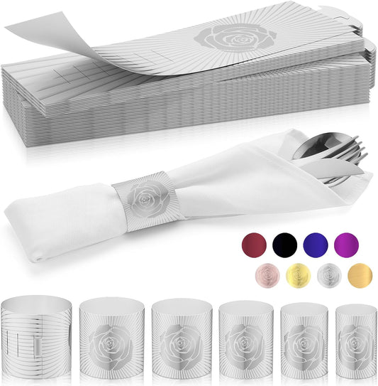Polymer Material Reusable Napkin Band, Glue-Free Tear-Proof Water Resistant Oil-Proof Napkin Bands Set of 200(Front Silver Rose and Back Silver Color), 6 Adjustable Sizes Napkin Rings