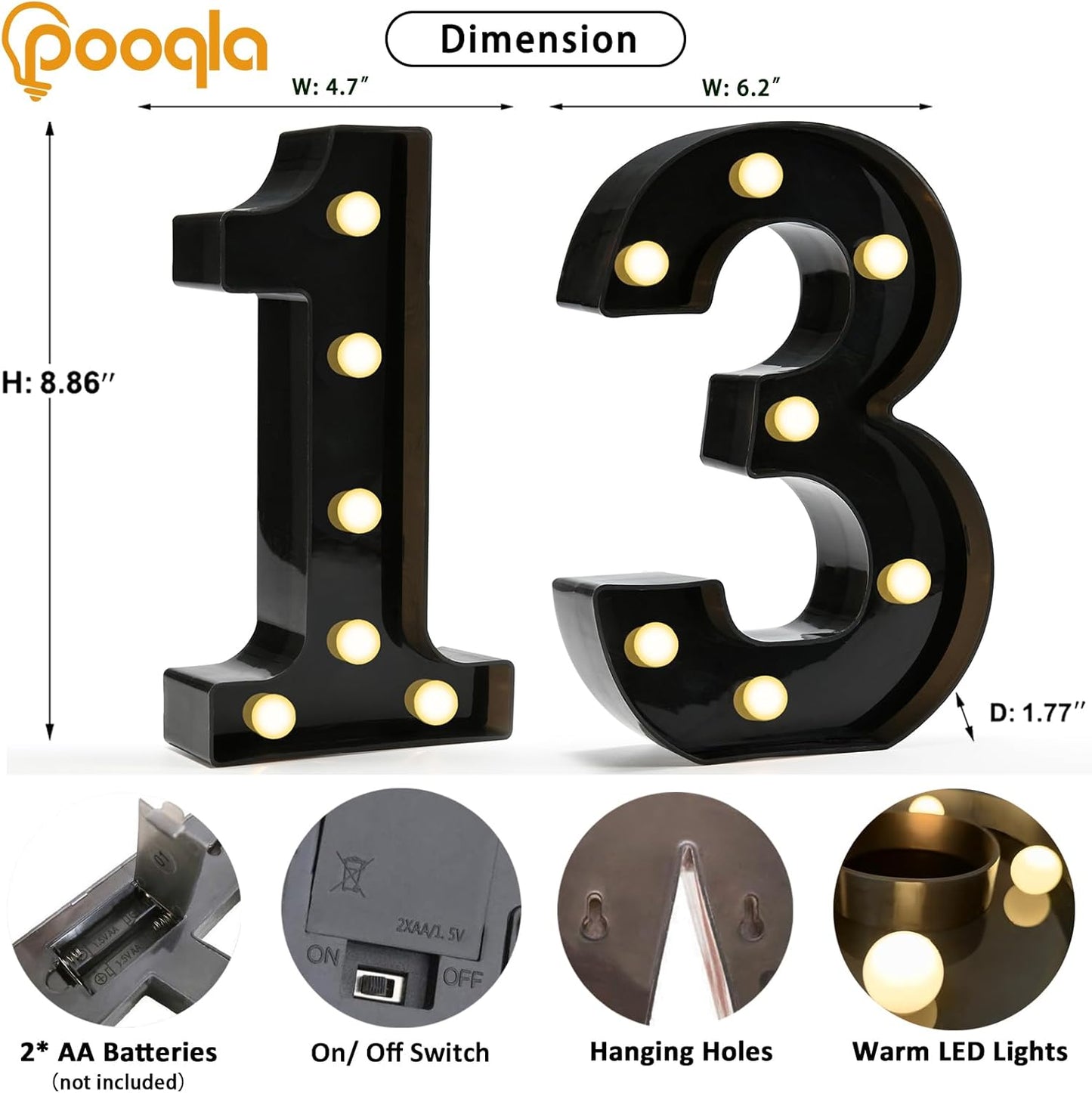 Pooqla Decorative Led Light Up Number Letters, Black Plastic Marquee Number Lights Sign for 13th Birthday Party Wedding Decor Battery Operated Black Number 13