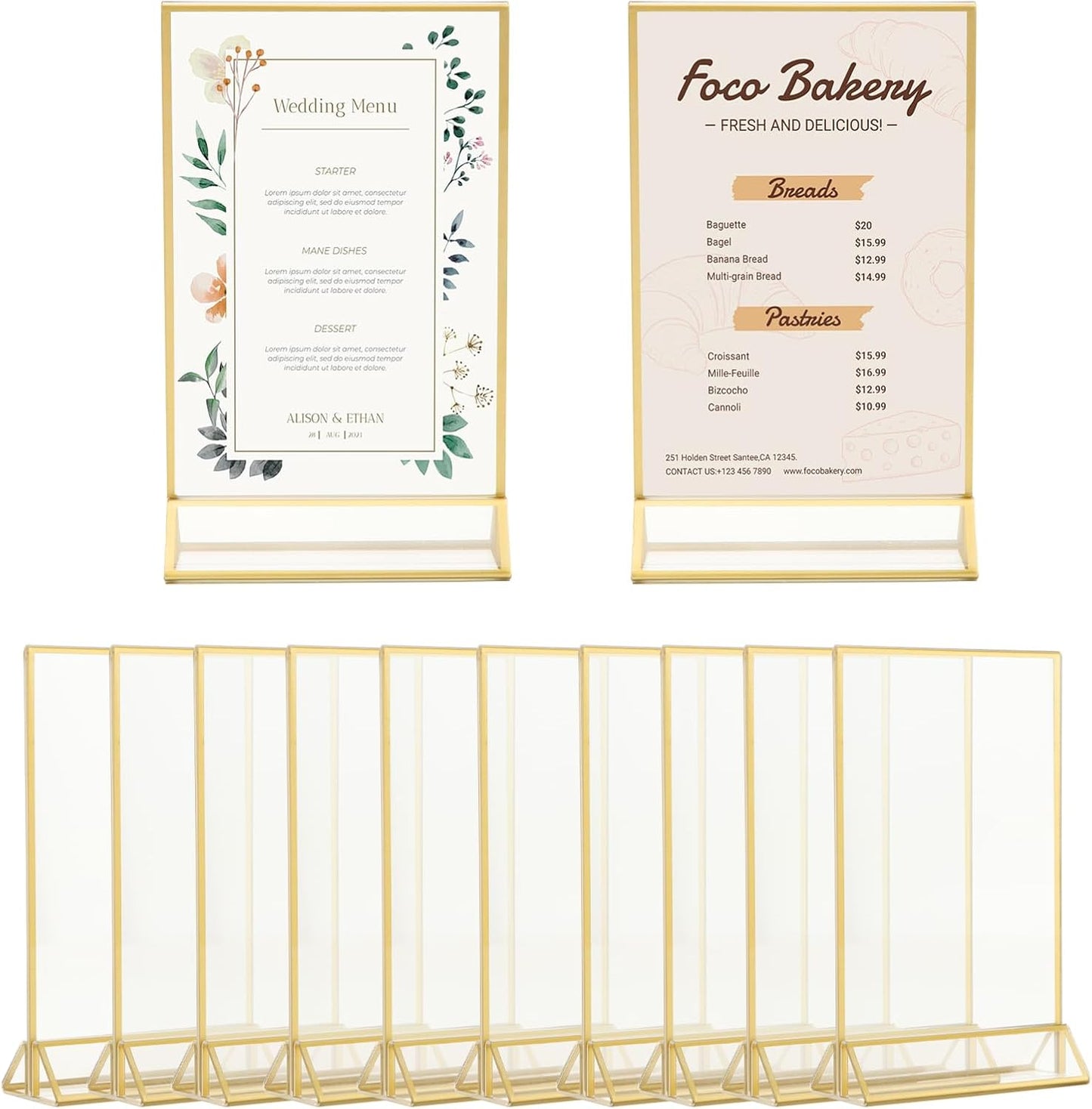 12 Pack Gold Acrylic Sign Holder 4 x 6 inch, Double Sided Gold Picture Frame Stand up Table Top Sign Holders, Wedding Table Number Frames Vertical for Party, Home, Office(4 x 6inch)