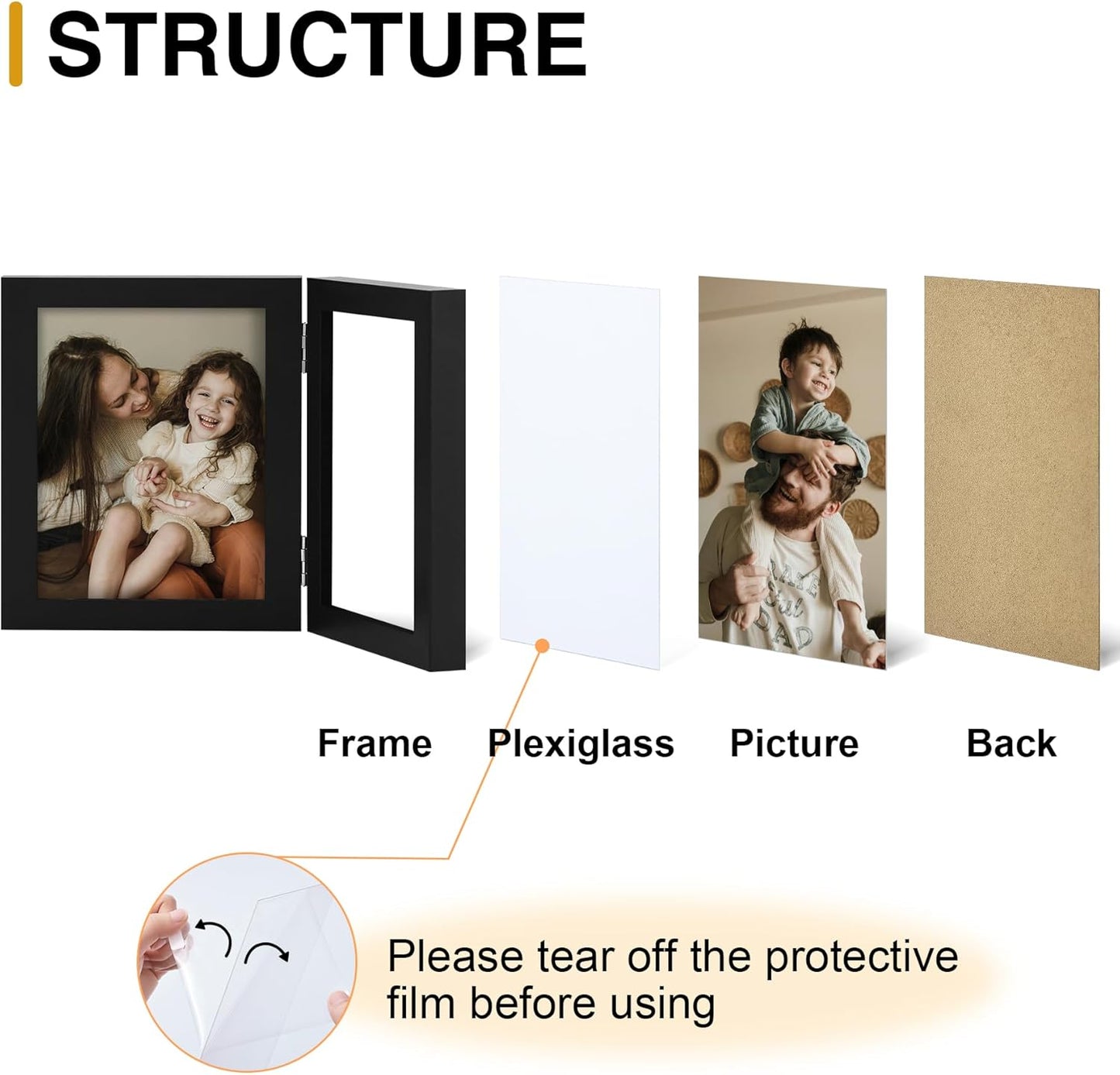 decorUhome Double 4x4 Picture Frame Vertical, Engineered Wood Bifold Photo Frame with Plexiglass for Tabletop Display, 4x4, Black