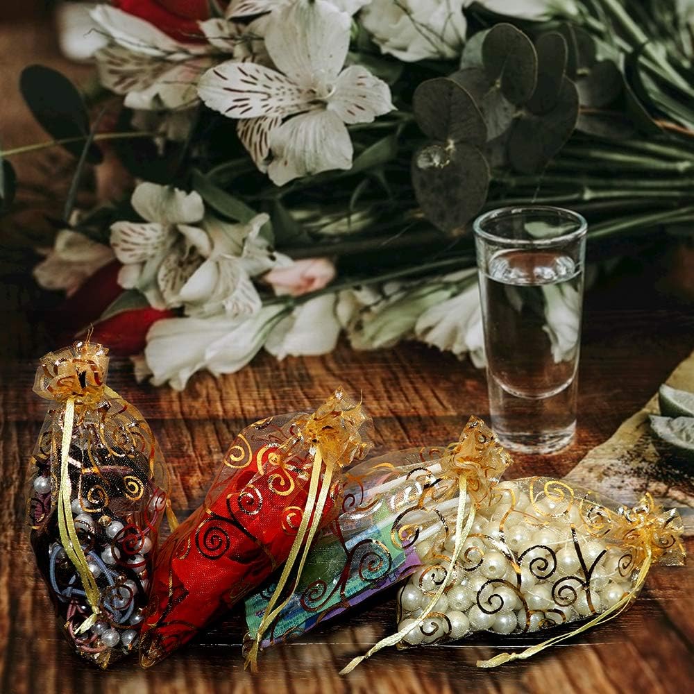 Staruby Organza Gift Bags 100Pcs Gold Sheer Organza Bag 4x6 Inch Mesh Favor Bags Drawstring Jewelry Rattan Printed Gift Pouches for Wedding Party Favors Couple Shower Christmas Gifts Candy Bags