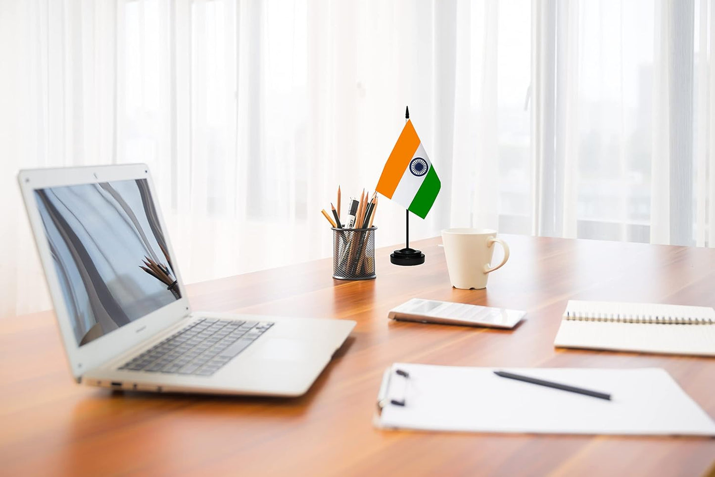 India Indian Deluxe Desk Flag Set Small Mini Miniature India Indian Table Desktop Flags With Solid Pole, Black Base and Spear Top(2 Pack)