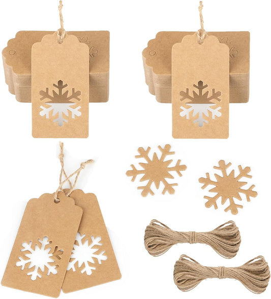 jijAcraft Christmas Gift Tags - 100Pcs Christmas Tags with String, Blank Xmas Name Labels, Kraft Paper Hollow Trees, Rudolph, Snowflake Shapes Holiday Labels for Xmas Party Favors, DIY Crafts, Jar