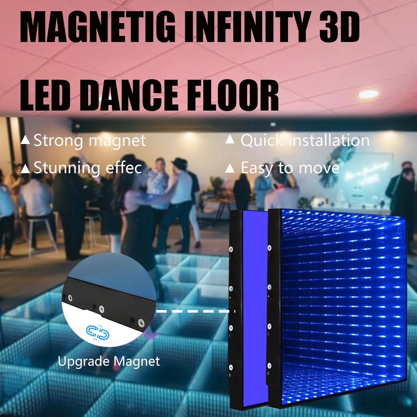Dance Floor Stage Lights Tempered Glass Infinity Mirror Panel 3D Effect Led Dance Floor for Wedding Party Customizable (3D+RGB-Magnetic, 81PCS(14.8FTX14.8FT))