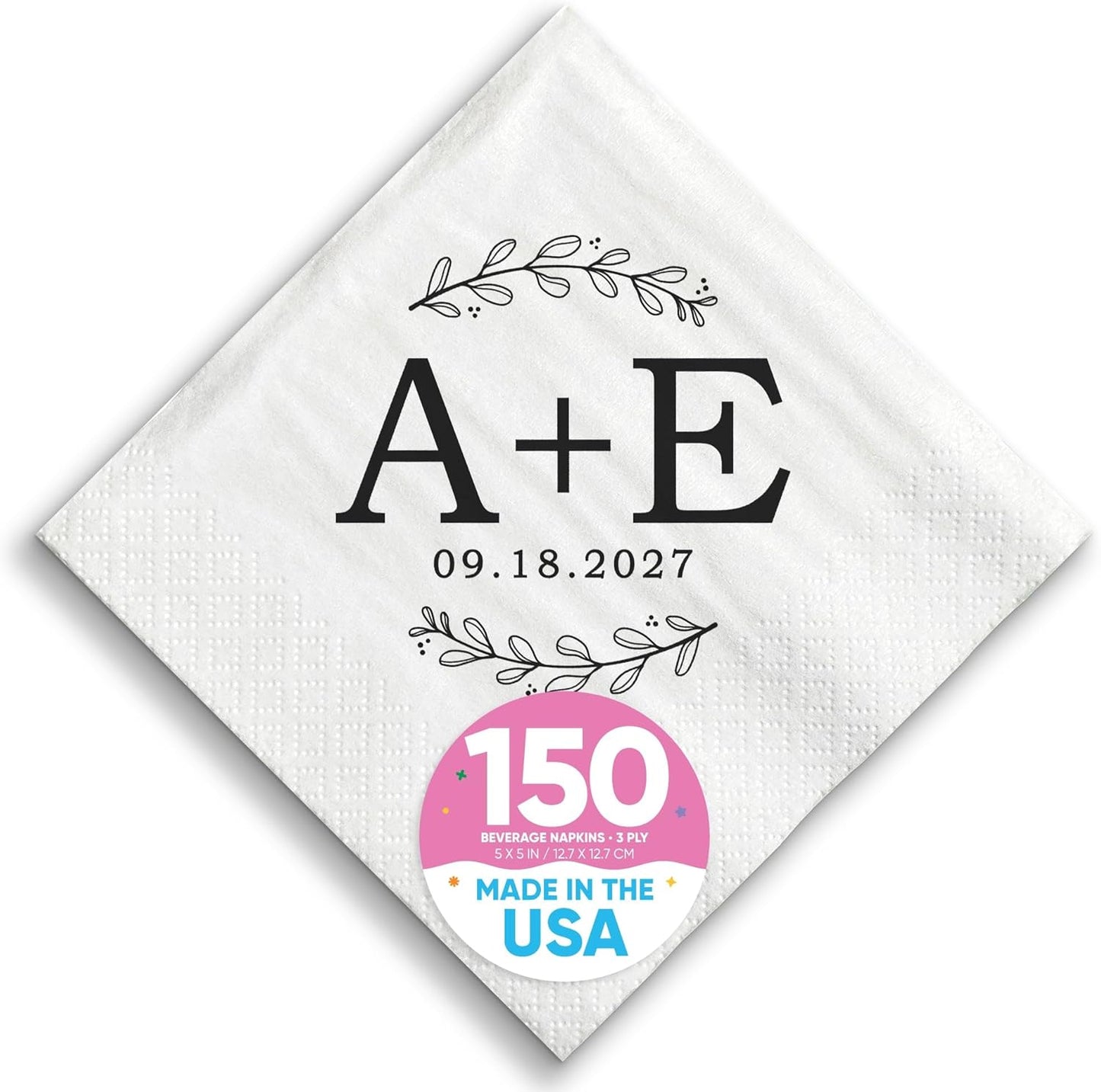 Big Dot of Happiness Personalized Rustic Leaves Monogram Wedding Napkins, Custom Engagement or Anniversary Party Laurel Wreath Branch Decor, White 3-Ply Paper Beverage Napkins - 150 Count