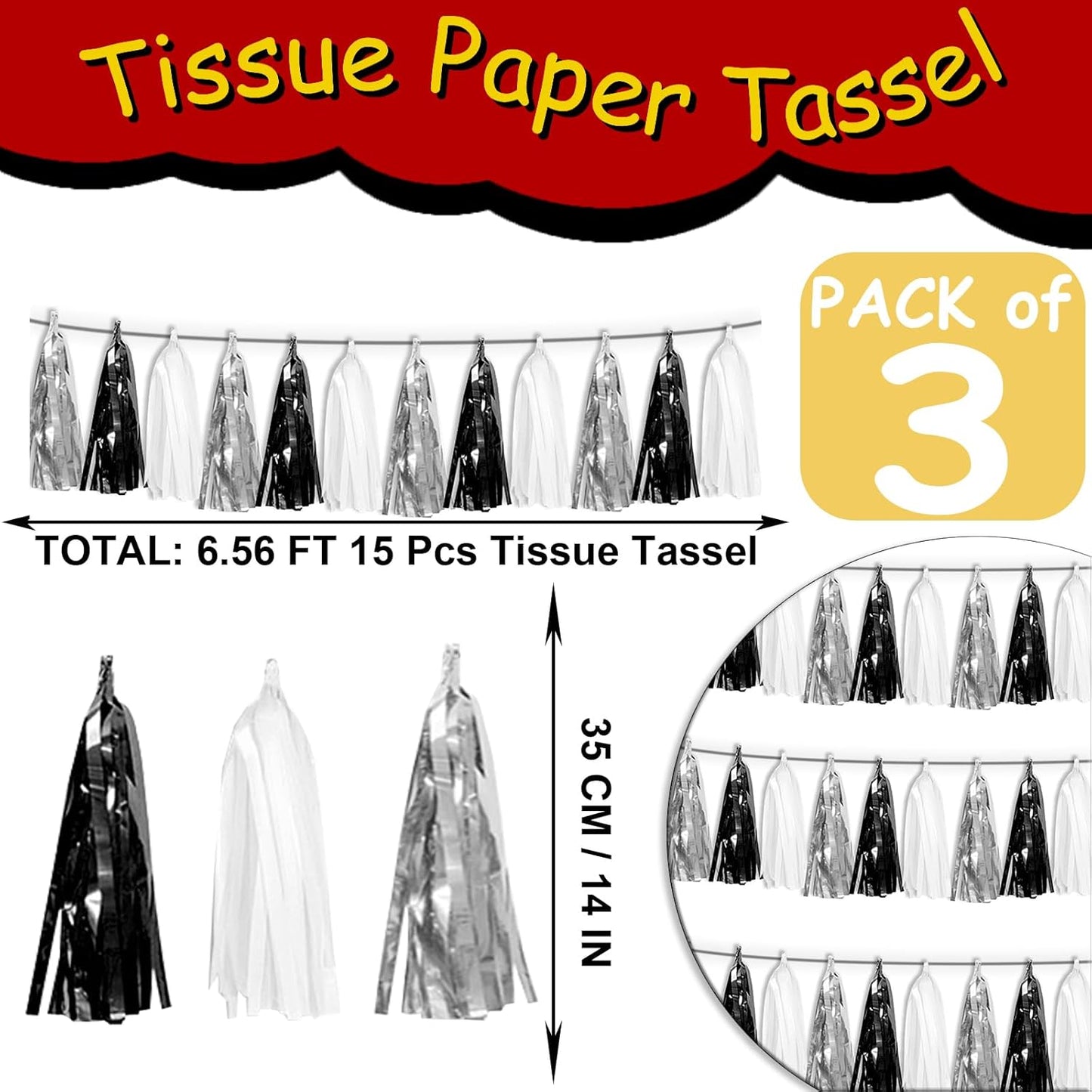 3P Black Silver White Metallic Fringe Tassel Banner Garland Foil Tinsel Streamer Wall Hanging Curtain Backdrop Banner for Parade Floats, Graduation Decorations, Halloween, Christmas Decorations