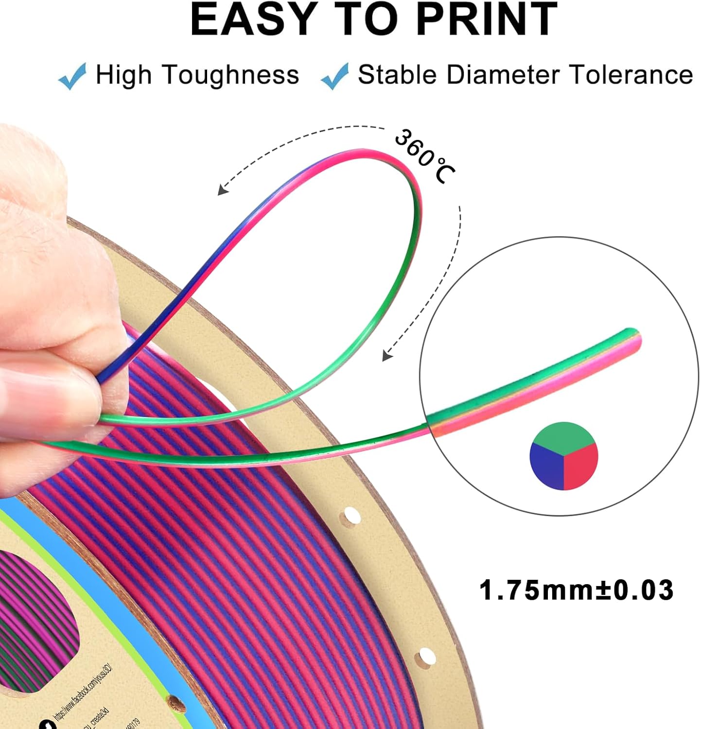 YOUSU 3D Printer Filament Triple Color Silk PLA Filament 1.75mm,3D Printing Filament Like Rainbow Filament,1kg/2.2lbs,Silk Red/Blue/Green.