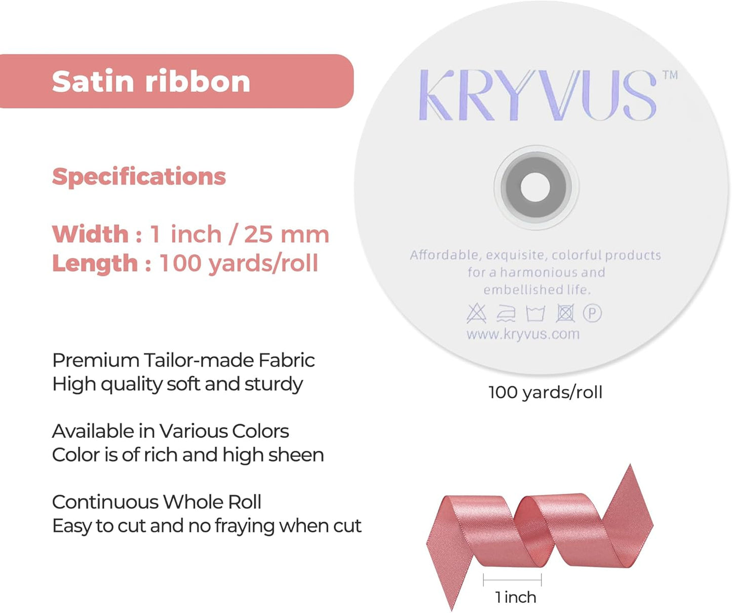 Rose Gold Satin Ribbon 1 inch X Continuous 100 Yards, Single Face Polyester Ribbon Perfect for Gift Wrapping, Flower Bouquet, Wedding Decor, Crafts, Bow Making, Sewing and More