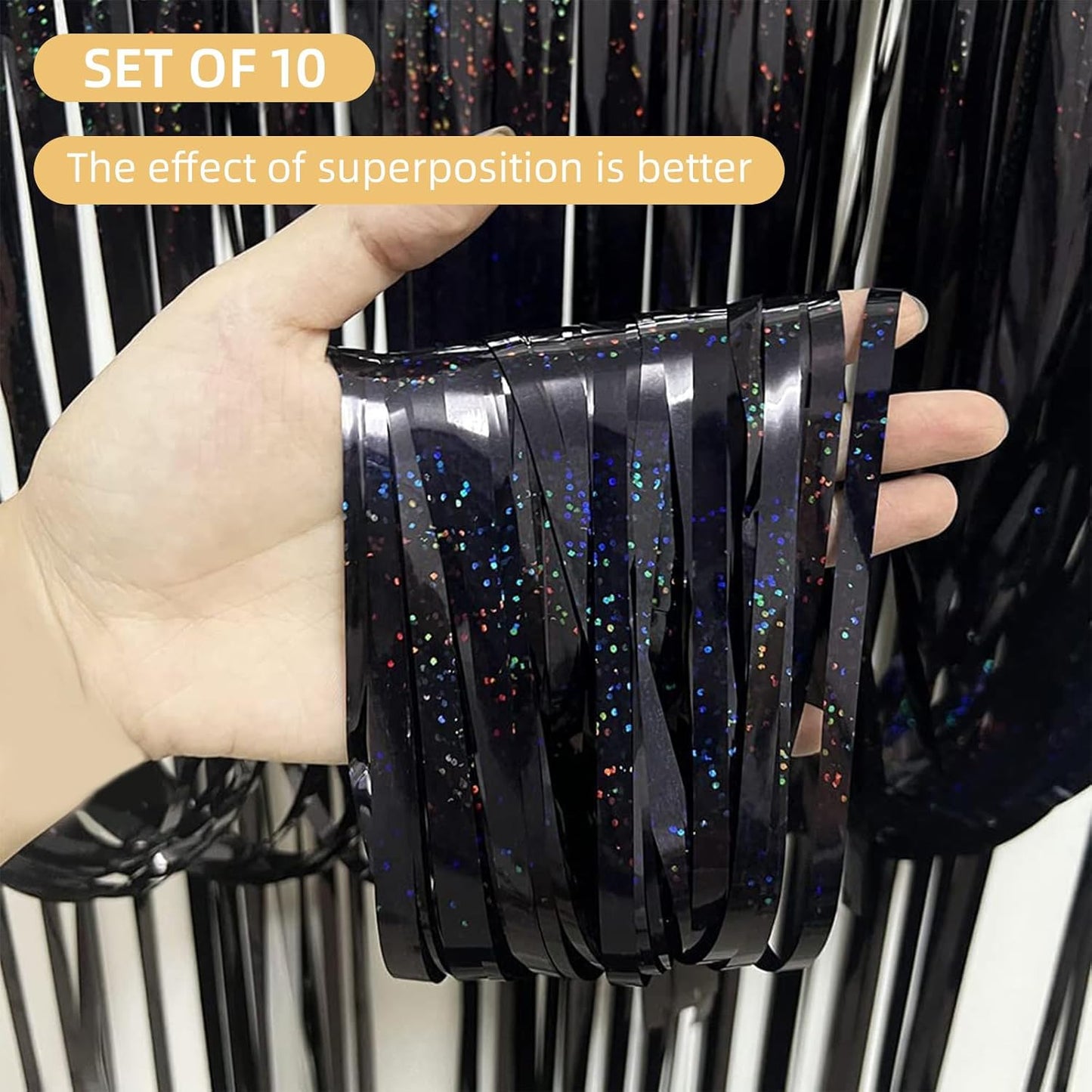 10 Pack Black Backdrop Curtain 3.2ft x 8.2ft Metallic Tinsel Foil Fringe Curtains Photo Booth Background for Birthday Party Decoration Baby Shower Engagement Wedding Christmas Decoration (Black)