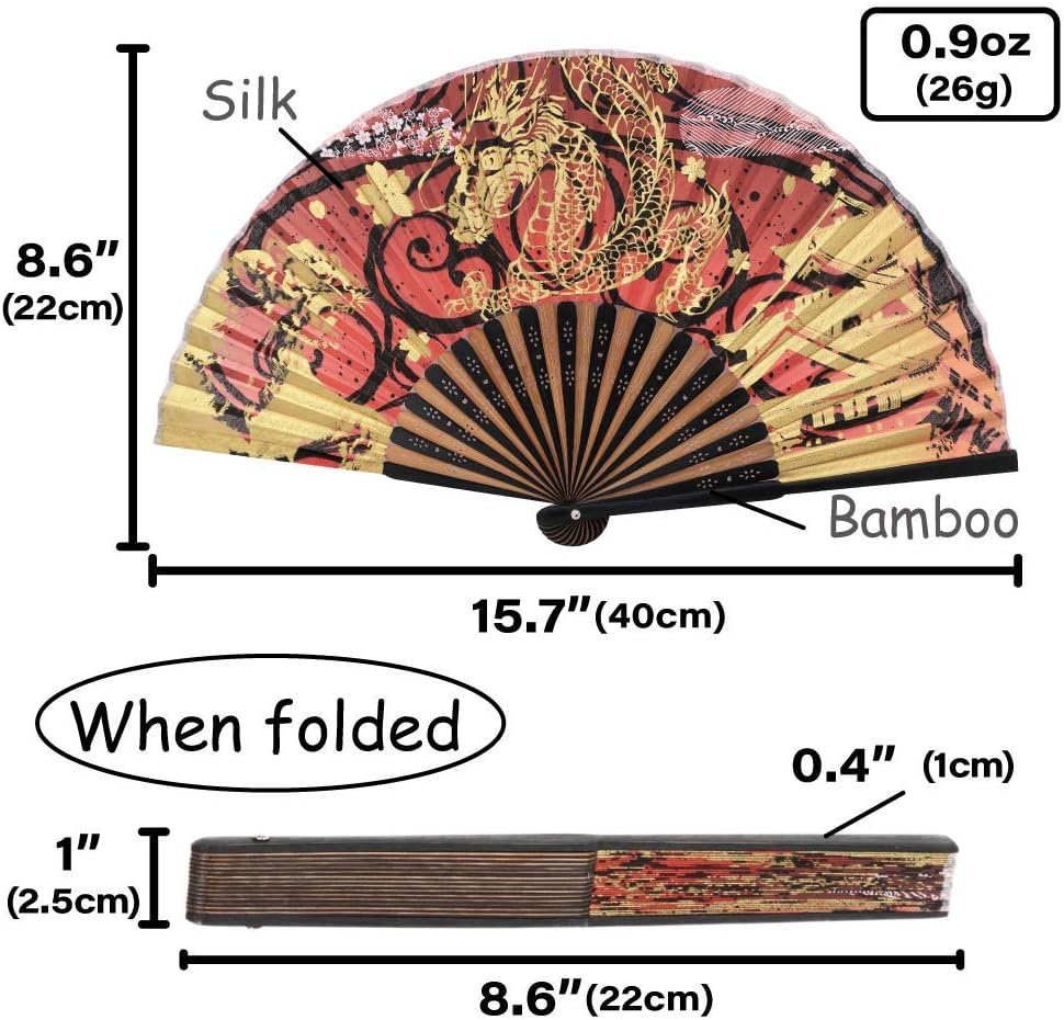 Terra Distribution Folding Fan [Japan Import] Hand Fans for Women Foldable, Japanese Fan, Unique Design, Handmade Bamboo, Silk Fan, 8.6" (22cm), Abanicos de Mano (900 (Dragon, Tiger))