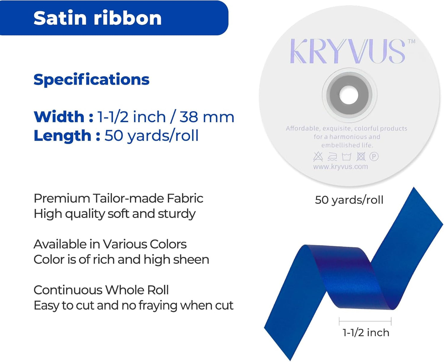 Dark Royal Blue Satin Ribbon 1-1/2 inch X Continuous 50 Yards, Single Face Polyester Ribbon Perfect for Gift Wrapping, Flower Bouquet, Wedding Decor, Crafts, Bow Making, Sewing and More