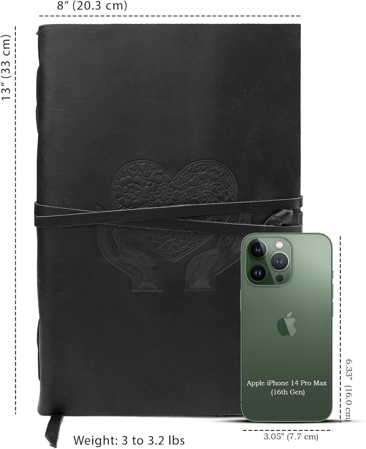 LUXEORIA Heart Journal for Women and Men, Handcrafted Leather Journal for Writing Womens, Sketchbook, Travel Diary with Unlined Deckle Paper, Black 8x13