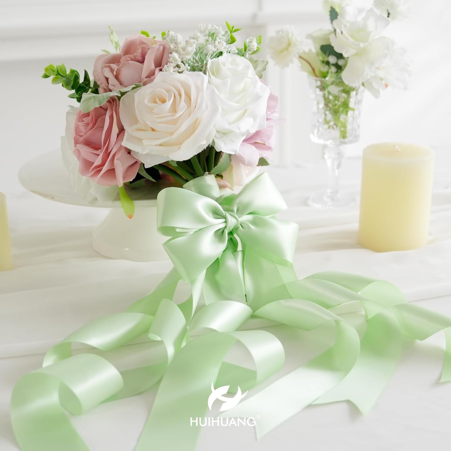 HUIHUANG Seafoam Green Satin Ribbon 1-1/2 inch x 50 Yards Pastel Green Silk Satin Ribbon for Gift Wrapping, Bows, Flower Bouquet, Eternal Roses, Crafts, Wedding Holiday Party Decor