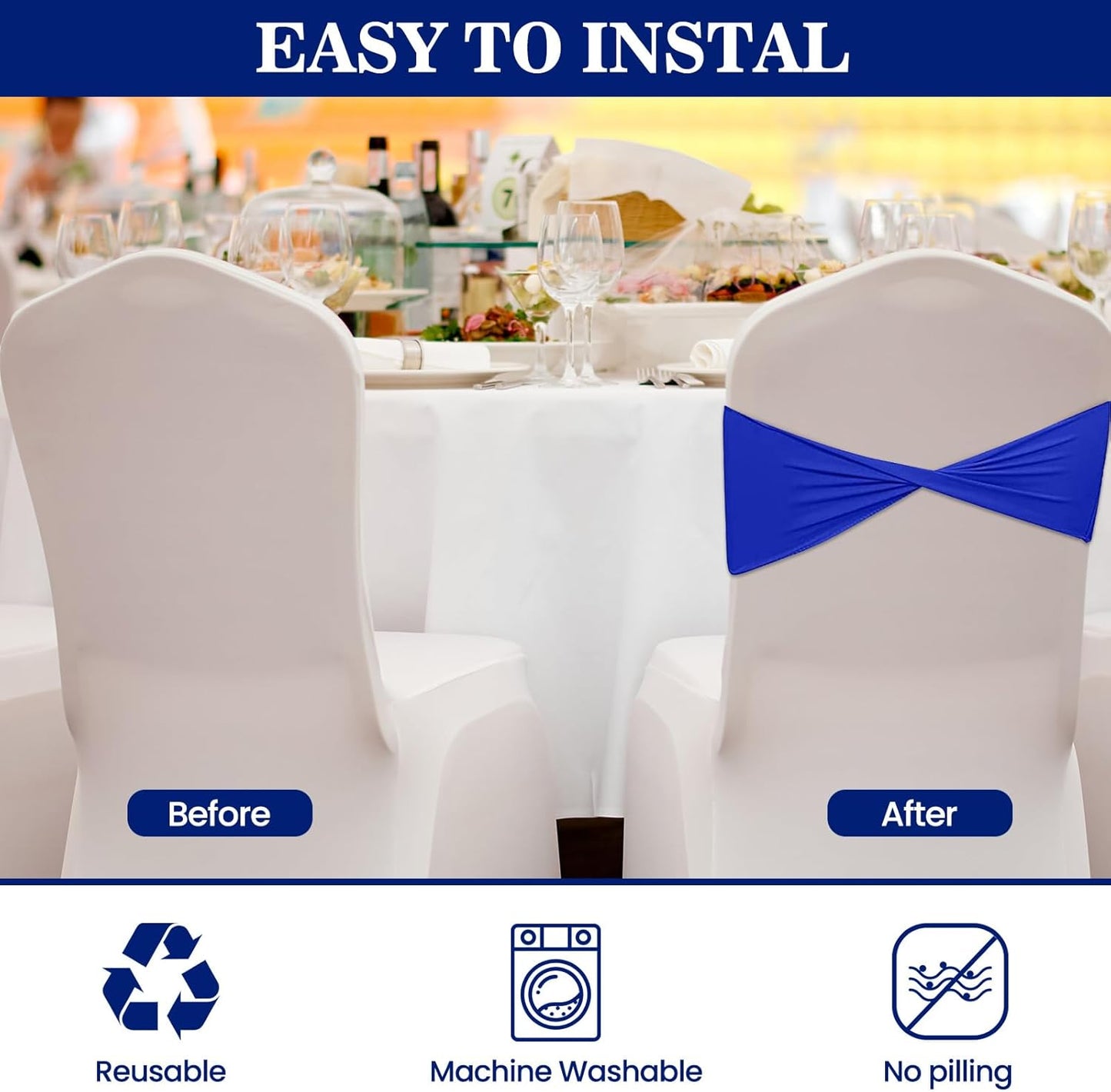 Kinlop 50 Pcs Spandex Chair Sashes Bows Chair Bands Slider Sashes for Covers Elastic Bands Ties Without Buckle Decorations for Wedding Party Events Ceremony Birthday(Blue)