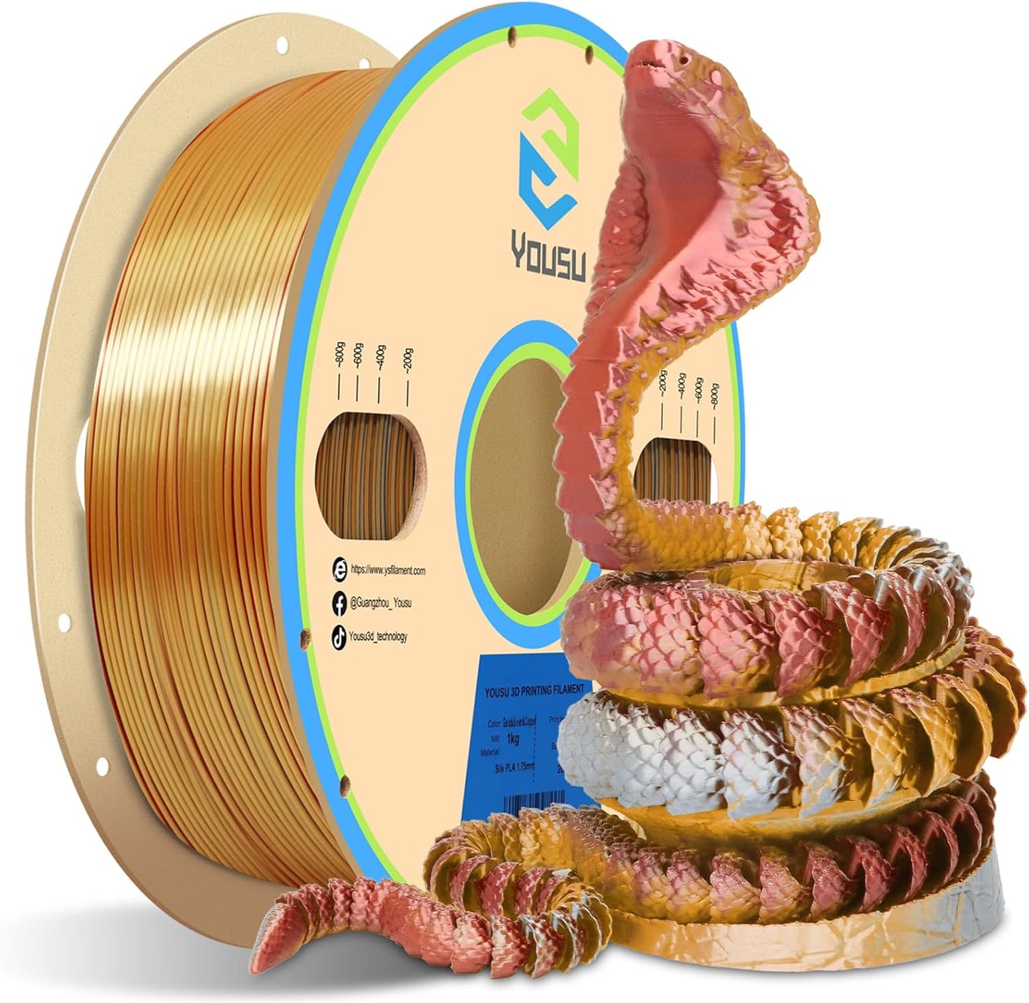 YOUSU PLA Filament1.75mm, Triple Color Coextrusion Silk 3D Printer Filament 1.75mm for 3D Printer & 3D Pen, Multicolor PLA Rainbow Filament, 1kg(2.2lbs) Silk PLA Gold Silver Copper.