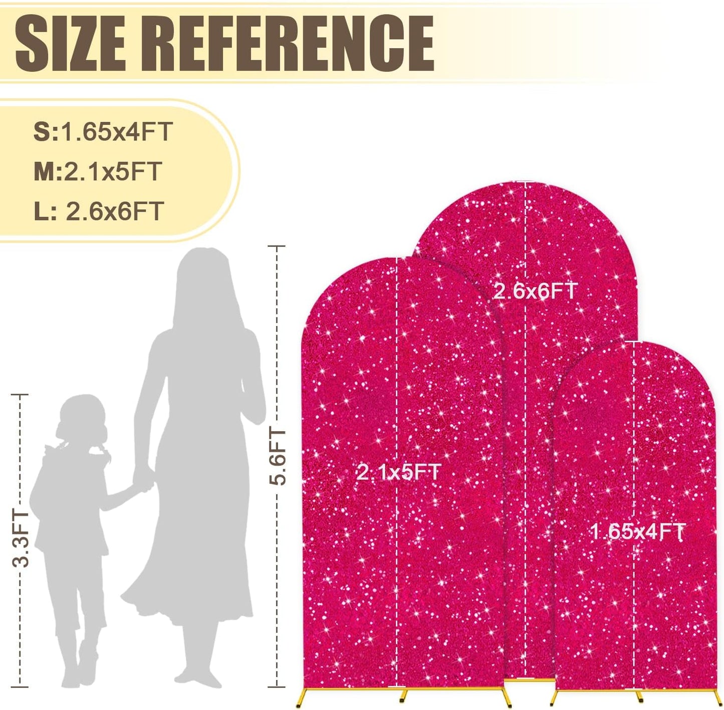 MODFUNS Metal Arch Backdrop Stand and Cover Set 4&5&6ft Hot Pink Sequins Arch Cover Gold Arch Frame with Covers Double Sided Arch Backdrop Covers for Wedding Banquet Reception Party Decor