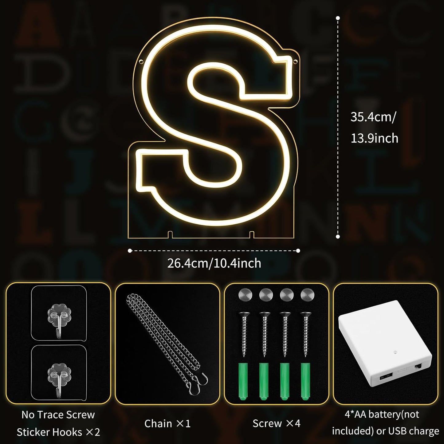 Light Up Letters S, Led Marquee Letter Lights Neon Sign, 13.9" Height Decorative Lighted Alphabet Number, Battery/USB Powered Led Letters Lights for Wedding, Birthday, Party, Christmas or Home Decor