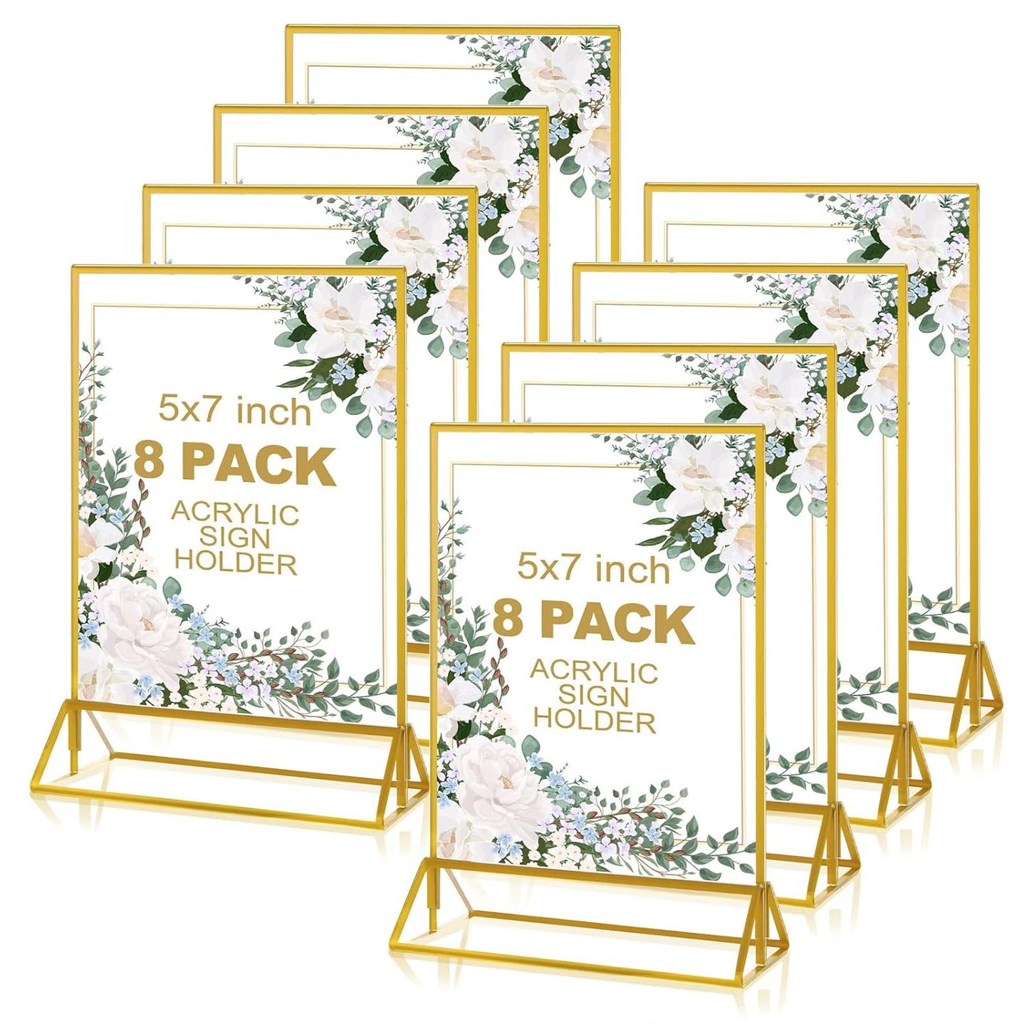 8PCS 5x7" Double-Sided Acrylic Sign Holders, Clear Gold Picture Frames, Table Number Holders with Golden Border for Wedding Reception, Centerpiece, Decoration, Party