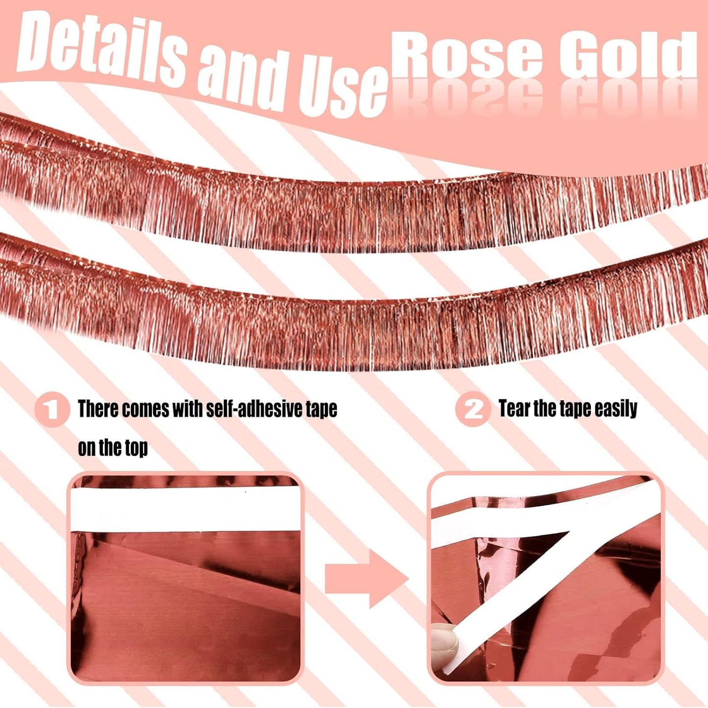 6 Pack 10 Feet Rose Gold Foil Fringe Garland Metallic Tinsel Streamers Banner Wall Hanging Curtain Backdrop Banner for Parade Floats, Thanksgiving, Christmas, Birthday, Halloween Party Decorations